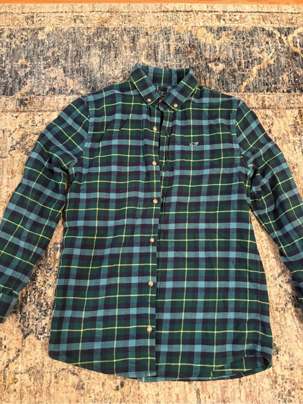 Vineyard Vines Boys Medium Green & Blue Plaid Button-Down Shirt